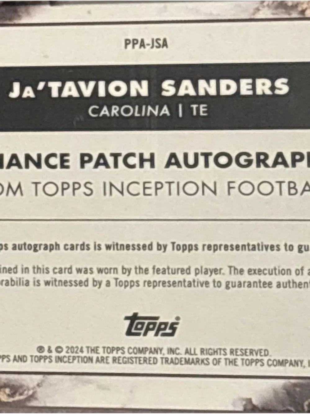 Topps Ja’Tavion Sanders Rookie Football Card - Patch with Autograph LE 41/50